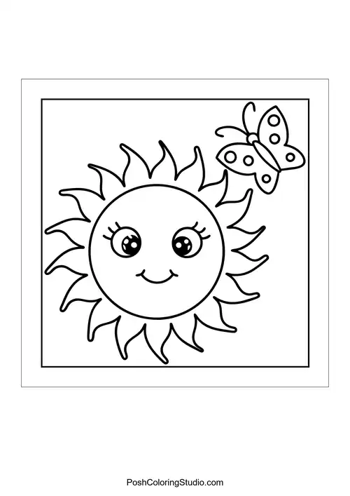 A smiling sun above a field of flowers.