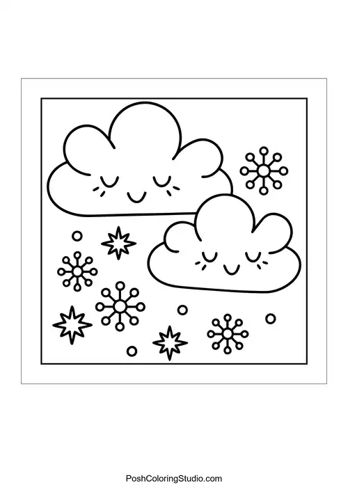 Two smiling clouds with snowflakes and stars around them.