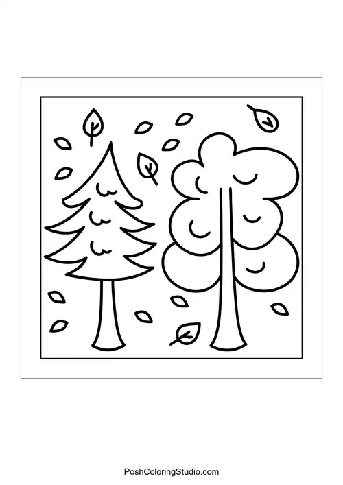 A tall pine tree and a round tree with falling leaves.