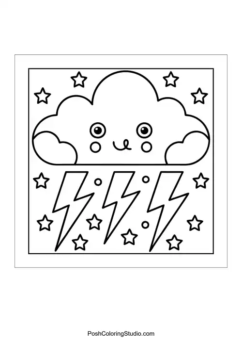 A smiling cloud with lightning and stars below it.