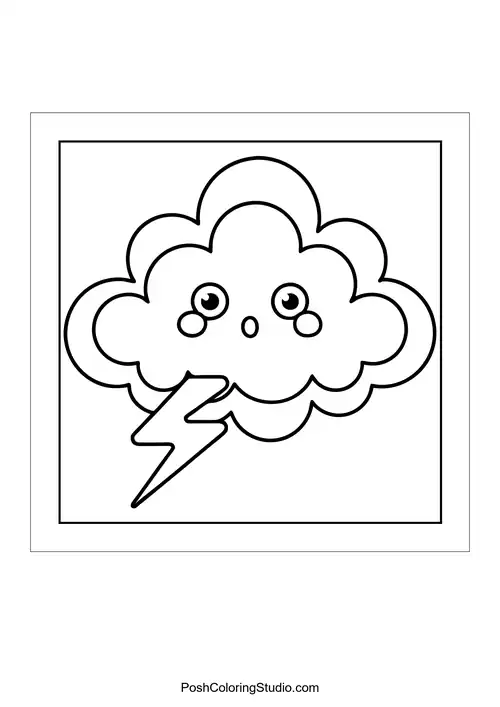 A surprised cloud with a lightning bolt and big eyes.