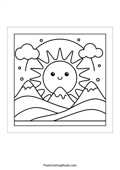 A sun with a smile and rays, surrounded by birds.