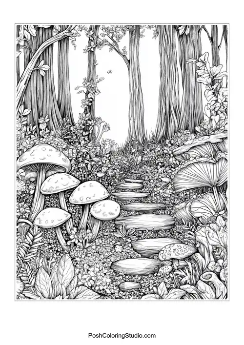 A forest path with large mushrooms and detailed foliage.