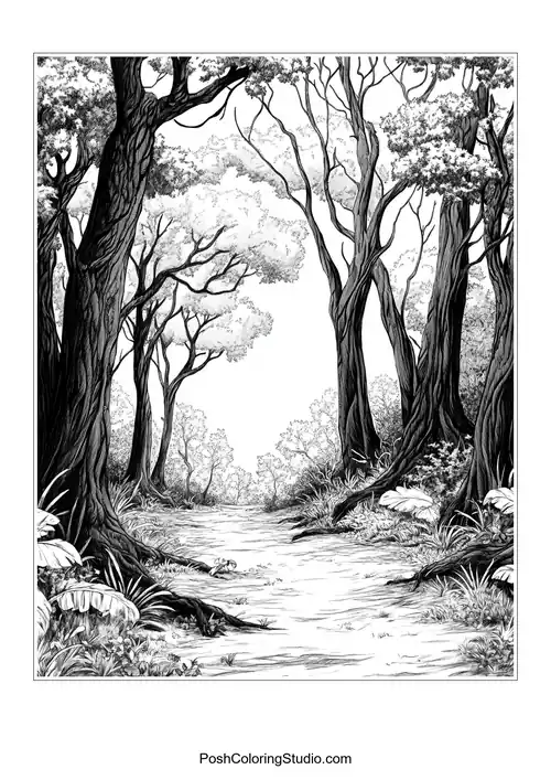Tall trees lining a clear path with textured bark.