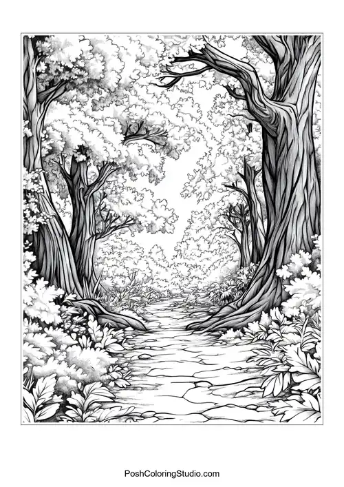 A rocky path through a forest with intricate tree branches.