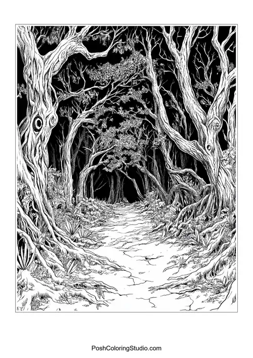 A dark forest path with twisted trees and shadows.