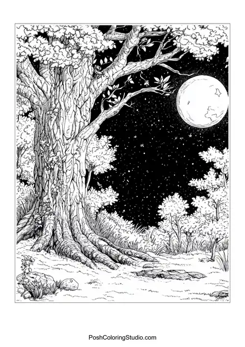A large tree with a full moon and stars in the background.