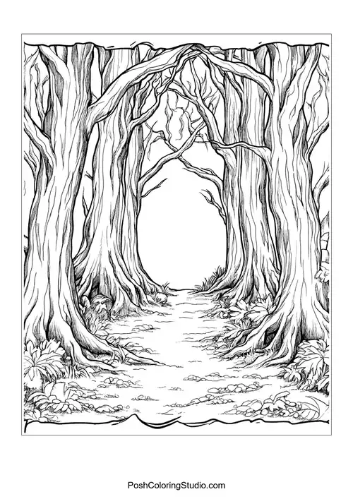 A dark forest path lined with twisted trees.