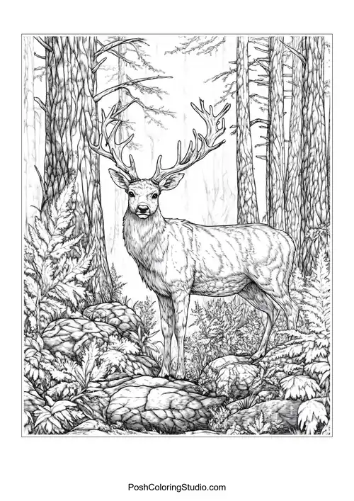 A deer standing among ferns and trees.