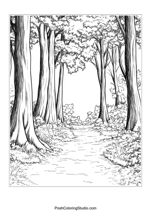 Tall trees lining a path with dense foliage.
