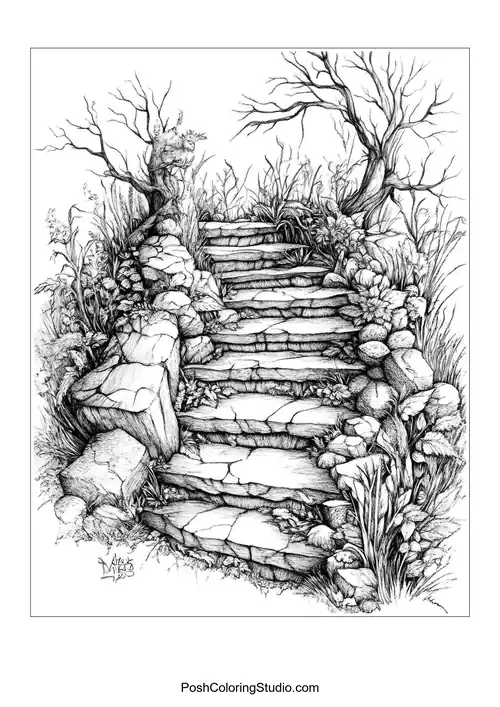 A stone staircase surrounded by wild plants.