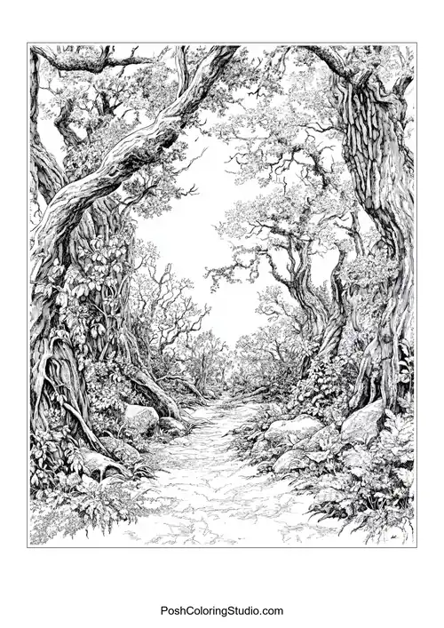 A forest path with twisted trees and rocks.