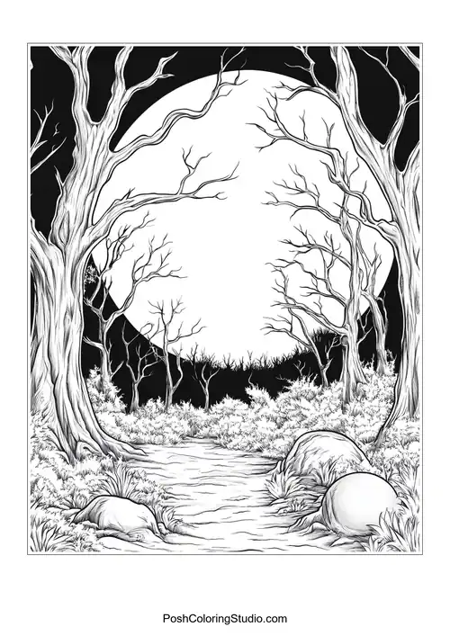 A moonlit path through a dark forest with rocks.
