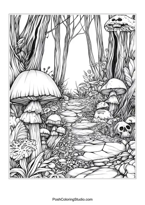 A winding path through a forest with mushrooms.
