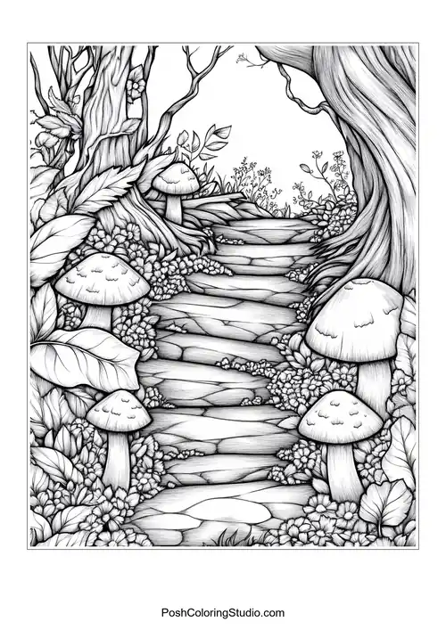 A winding path through a forest with varied trees.
