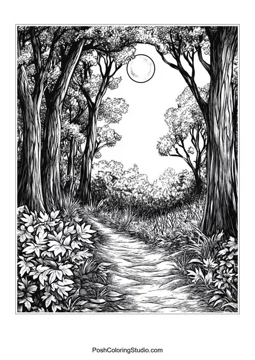 A winding path through a forest with large trees.