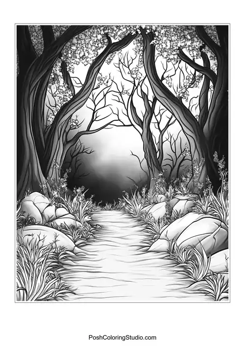 A forest path with a stone gate and lantern.