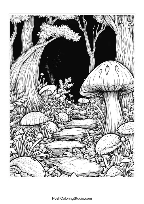A forest scene with tall trees and a winding path.