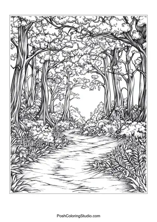 A path through a dark forest with twisted trees.
