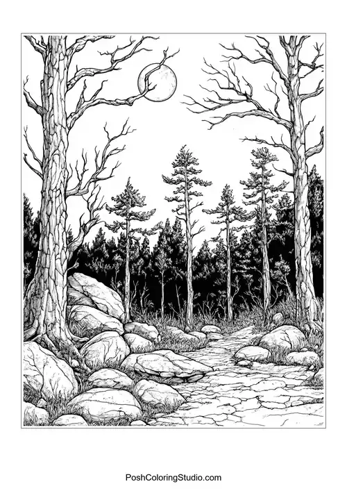 A forest path with large mushrooms and dense foliage.