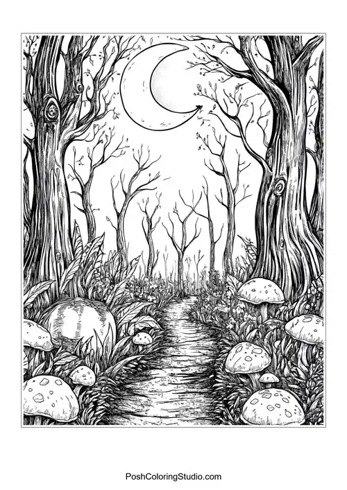 A moonlit path through a vibrant forest.