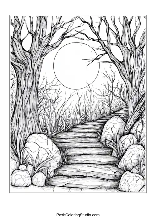 A winding path through a forest with large trees.