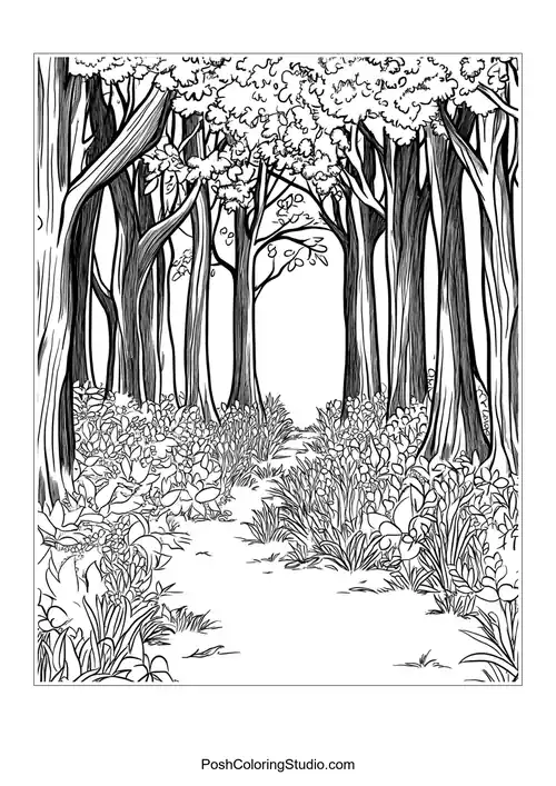 A forest path with a stone gate and lantern.