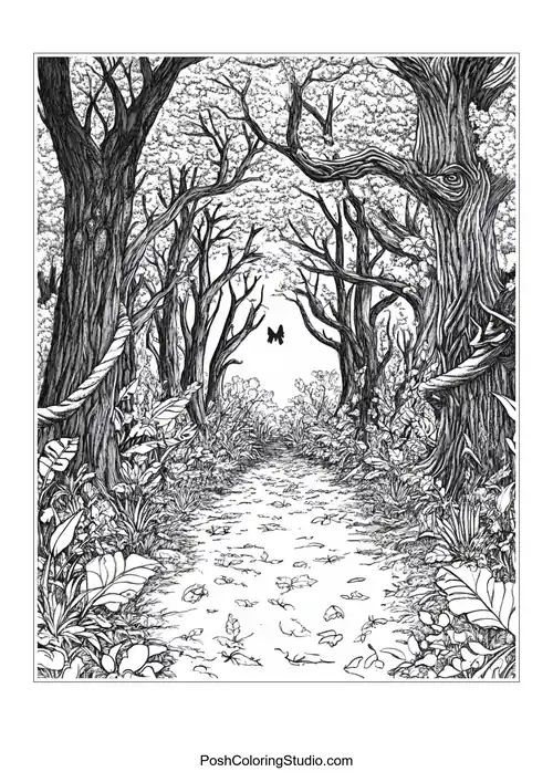 A forest scene with a full moon and trees.