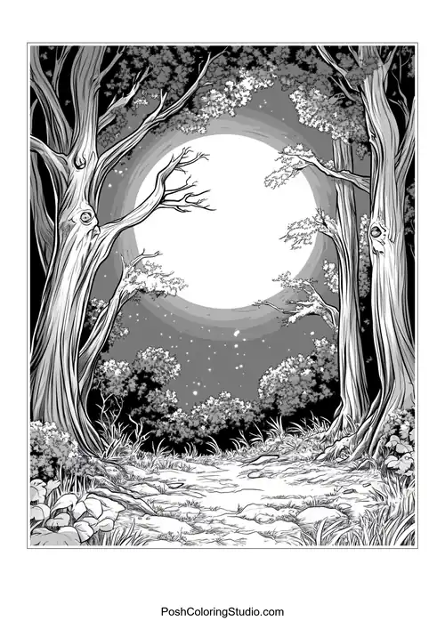 A path through a forest with overgrown plants.