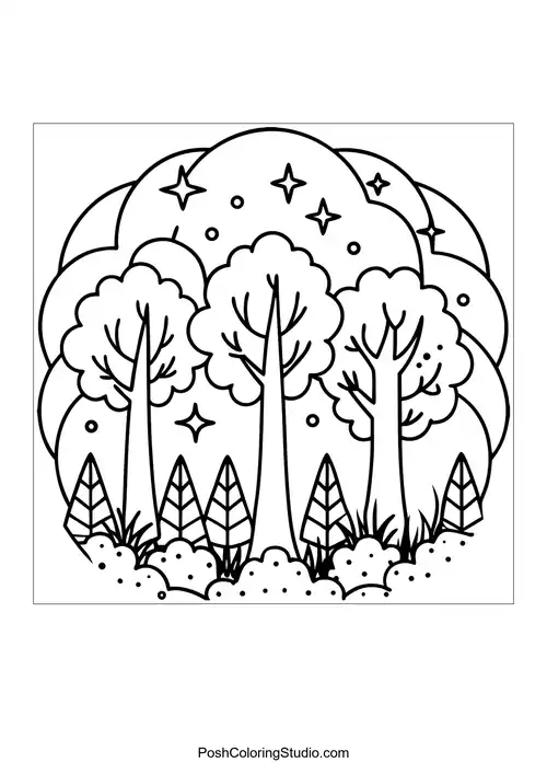 A whimsical forest scene with rounded trees and clouds.