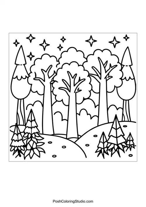 A forest with tall trees, a starry sky, and small bushes.