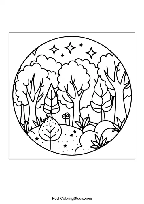 A vibrant forest scene with trees and a sun in the background.