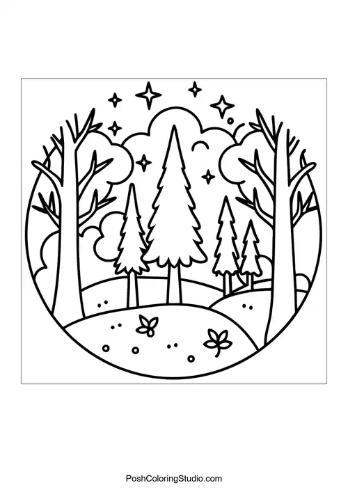 A circular forest scene with trees and flowers.