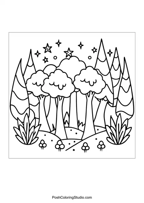 A circular forest scene with tall trees and a starry sky.