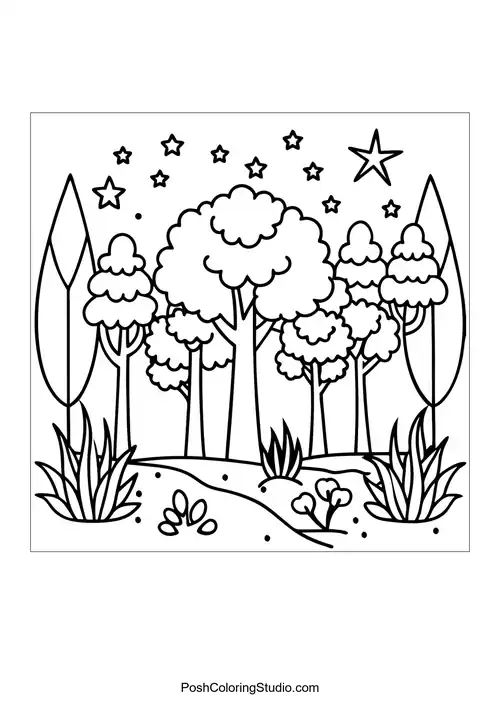 A whimsical forest with rounded trees and a starry sky.