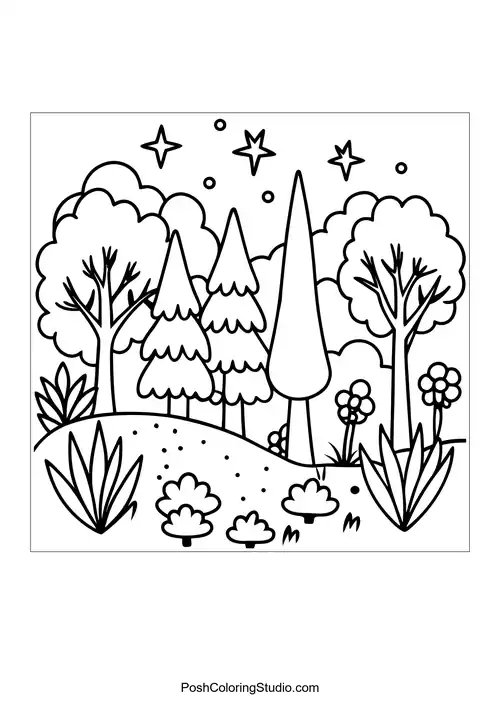 A serene forest scene with tall trees and a winding path.