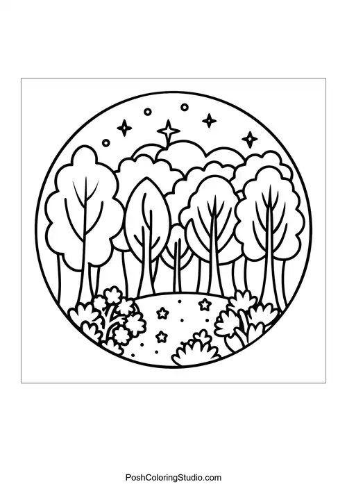 A forest landscape with tall trees and a moonlit sky.