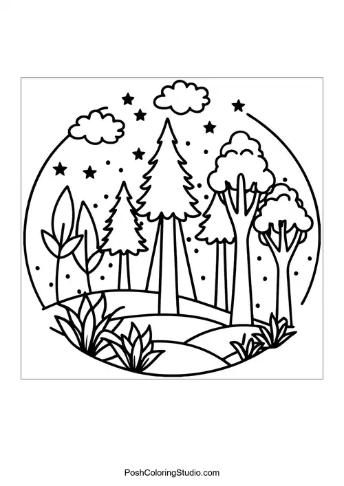 A circular forest scene with tall trees and a starry sky.