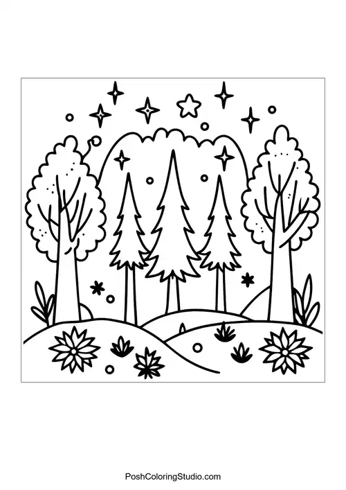 A forest landscape with tall trees and a moonlit sky.