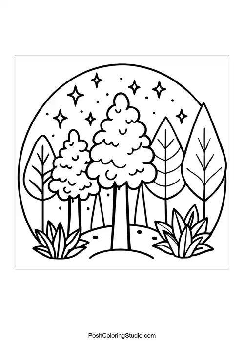 A serene forest scene with tall trees and a winding path.