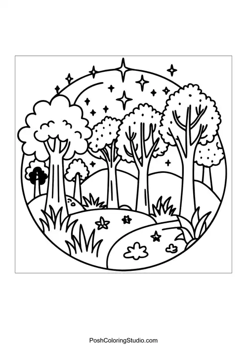 A forest landscape with tall trees and a moonlit sky.