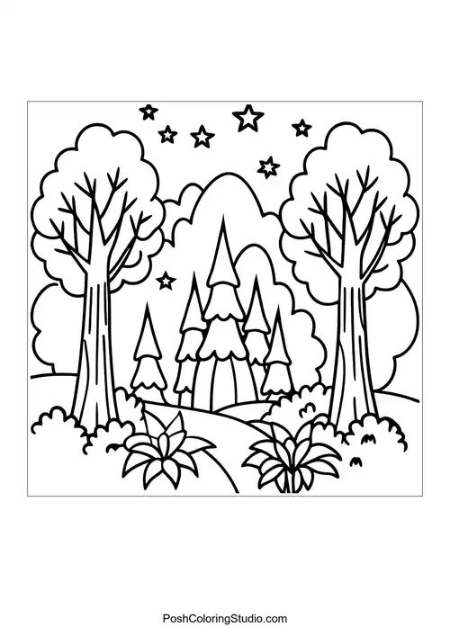 A forest scene with various trees and plants.