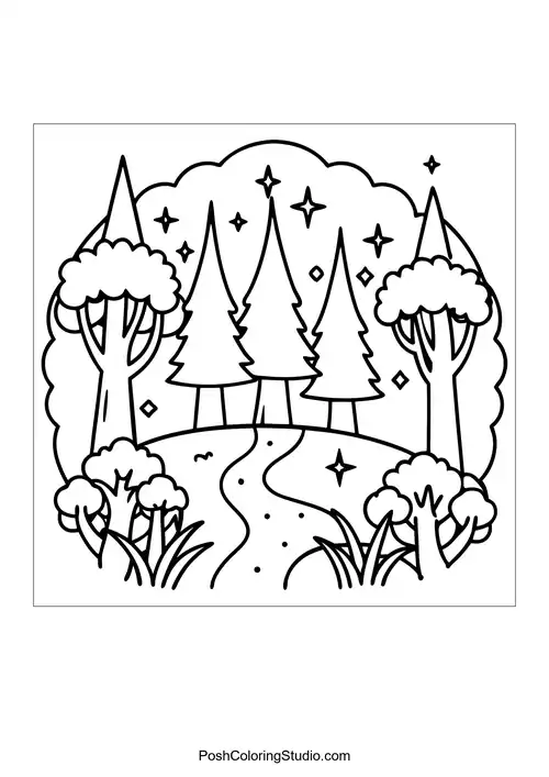 A circular forest scene with tall trees and a starry sky.
