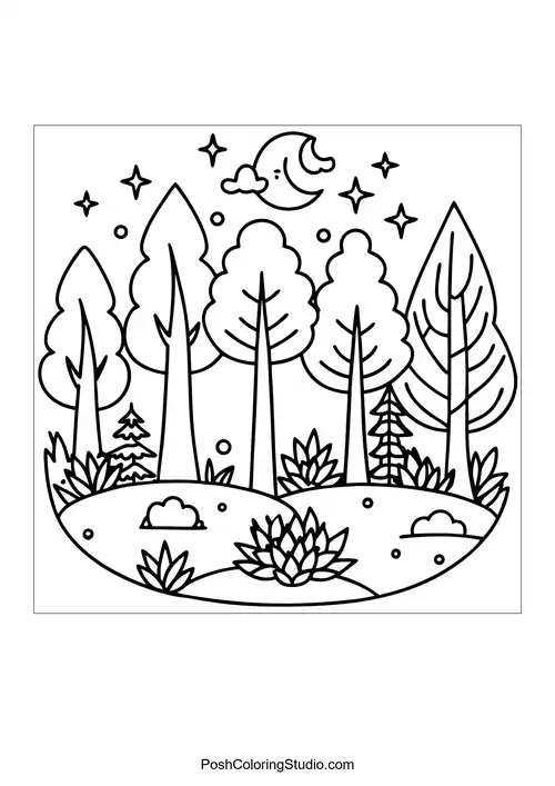 A whimsical forest with rounded trees and a starry sky.