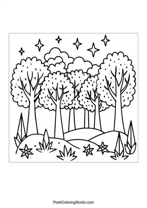 A serene forest scene with tall trees and a winding path.