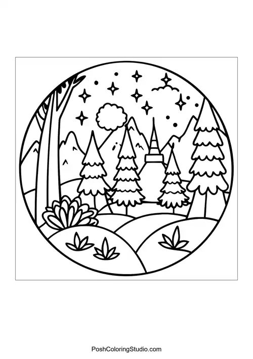 A circular forest scene with tall trees and a starry sky.