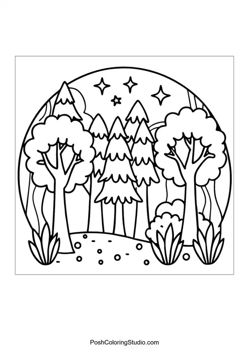 A whimsical forest with rounded trees and a starry sky.