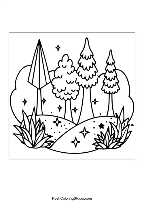 A whimsical forest with trees and flowers.
