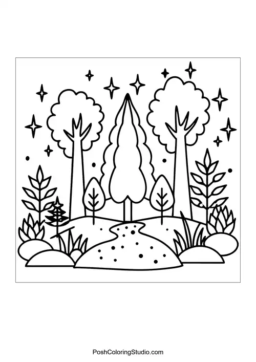 A forest landscape with trees and a winding path.
