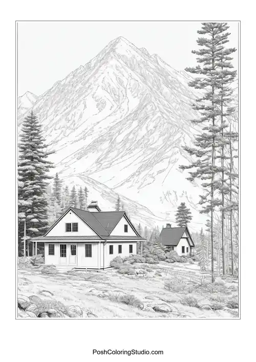 A house with a mountain view and a winding path.